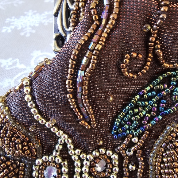 Brown Beaded Evening Bag Clutch Crossbody Detachable Strap Bridal Party Festival - Picture 3 of 10